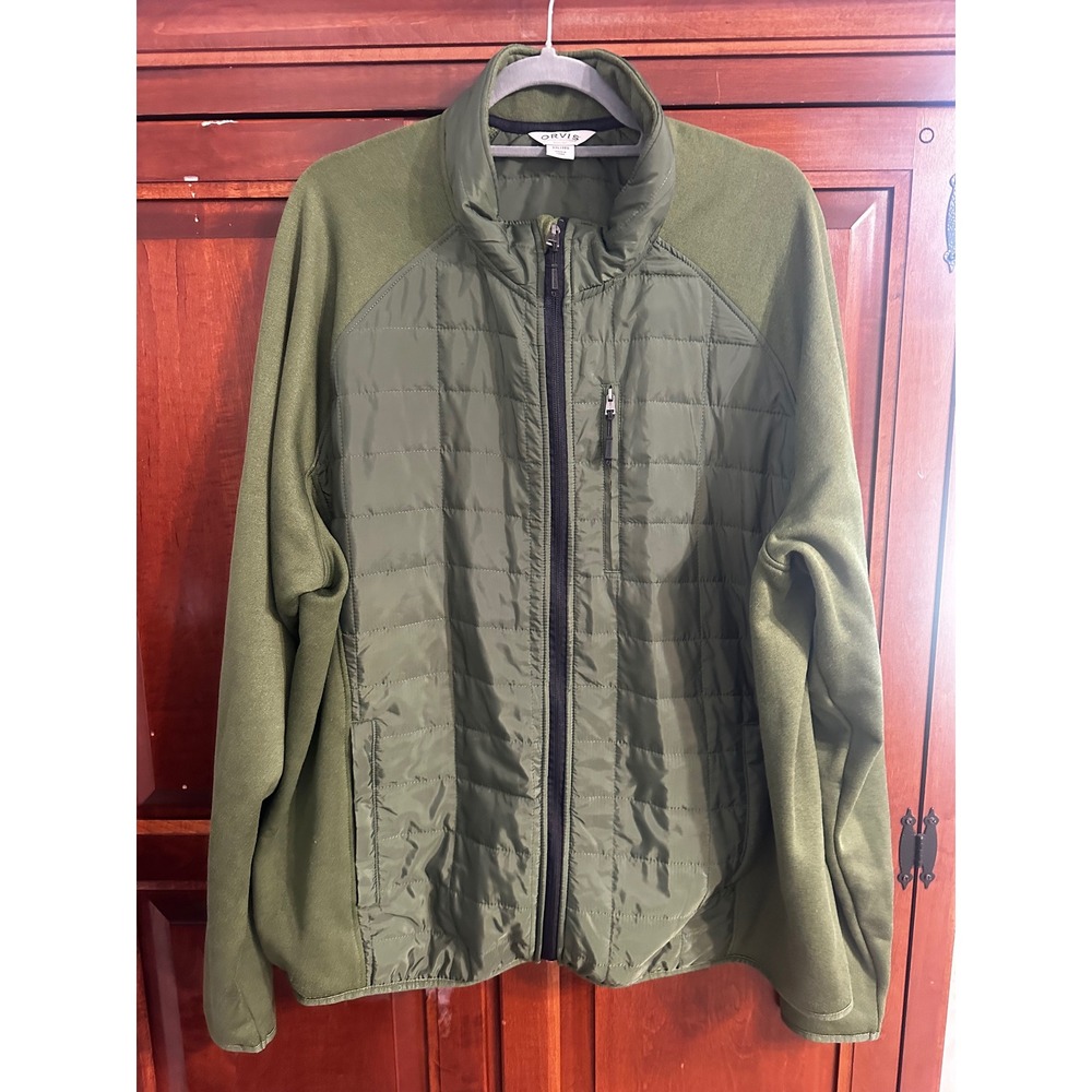 Orvis Mens XXL Olive Green Quilted Hybrid Full Zip Fleece Jacket Puffer Core